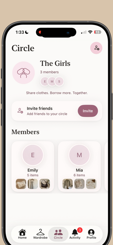 Borrowed Circle screen for a private friend group wardrobe